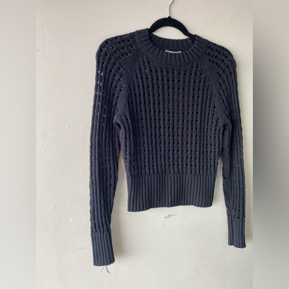 J. Crew Black Open Knit Sweater Pointelle Crochet Crewneck Pullover Top XXS - Picture 3 of 8